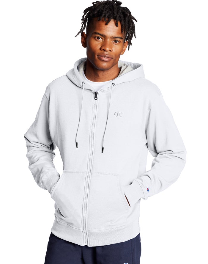 Champion Powerblend Fleece Full Zip C Logo Erkek Kapşonlu Sweatshirt Beyaz ( RCWDQH468 )